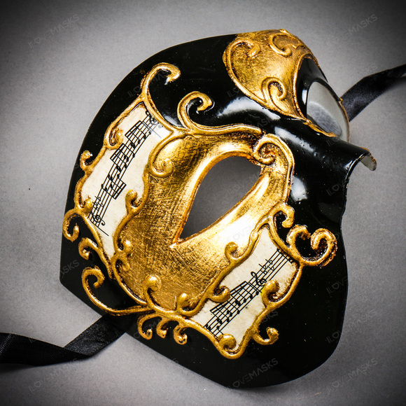 Phantom Of Opera Musical Masquerade Venetian Men Full Mask - Black Gold - Picture 3 of 10